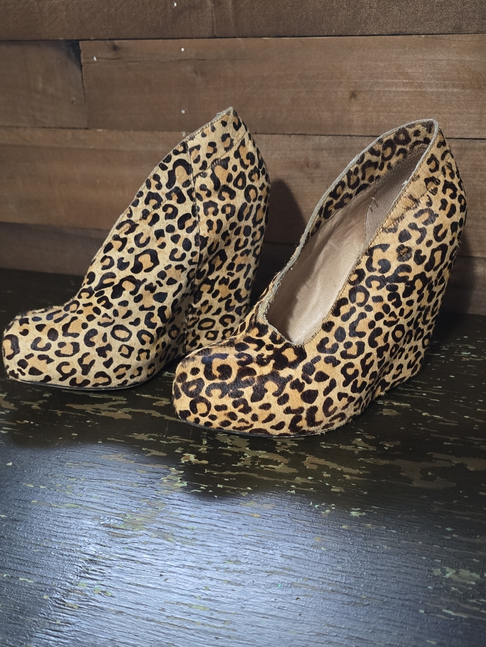 Matiko Leopard Print Wedge Heels in Tan and Black